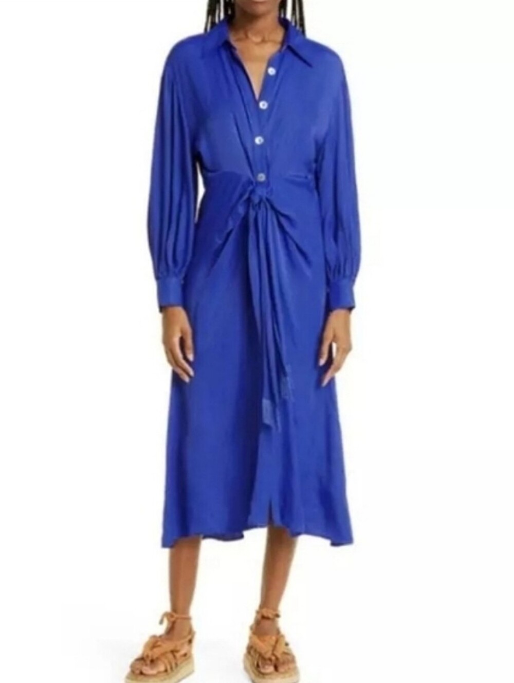 Farm Rio Satin Long Sleeve Midi Shirt Dress Beaded Fringe Royal Blue M